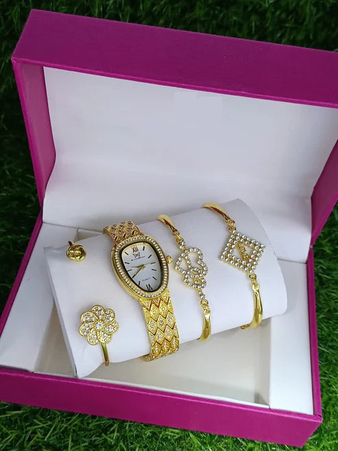 Snowflake Pattern Watch Luxury Full Rhinestone Jewelry Five-piece Set